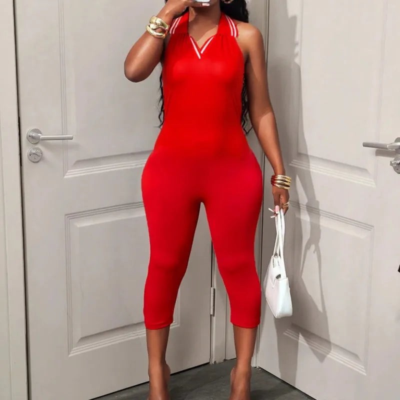 Women's Stripe Backless Halter Sleeveless Romper