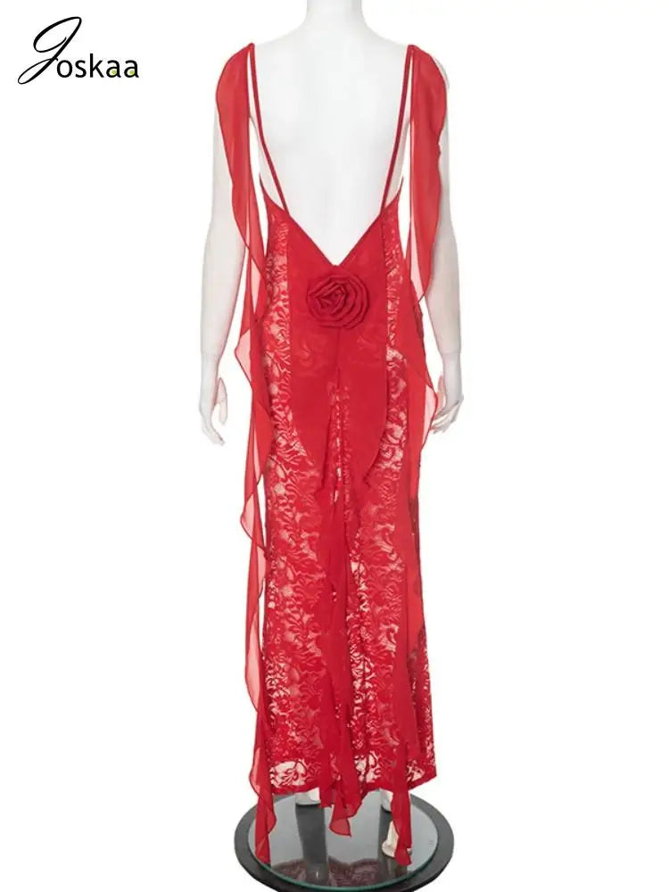 Women's Lace Backless Ribbons Evening Spaghetti Bodycon Dress Red – Detail View