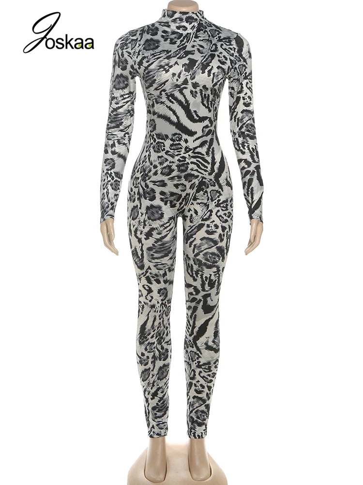 Women's Leopard Print Long Sleeve Bodycon Romper Gray – Back View
