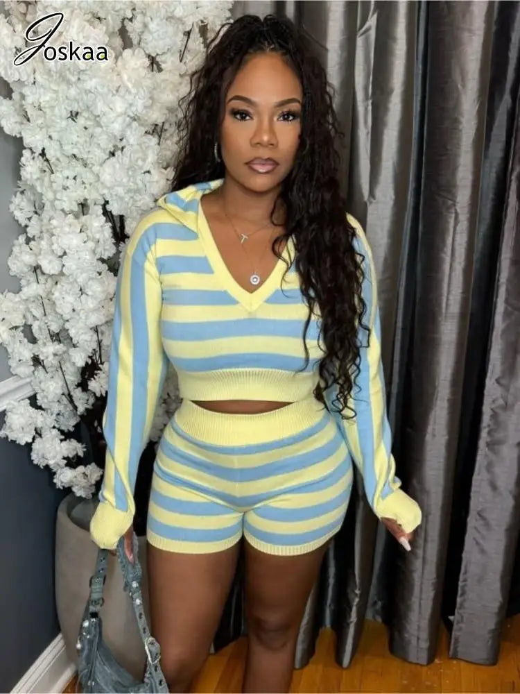 Women's Stripe Knit Long Sleeve Two Piece Set – Women's Fashion Wholesale – Front View