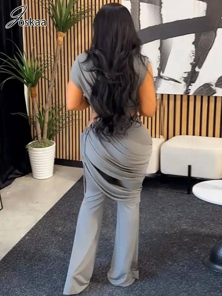 Wholesale Women's Ruched Crop Flare Two Piece Set Gray – Front View
