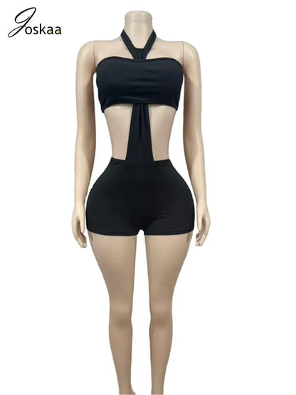 Women's Backless Cutout Halter Two Piece Set Black – Detail View