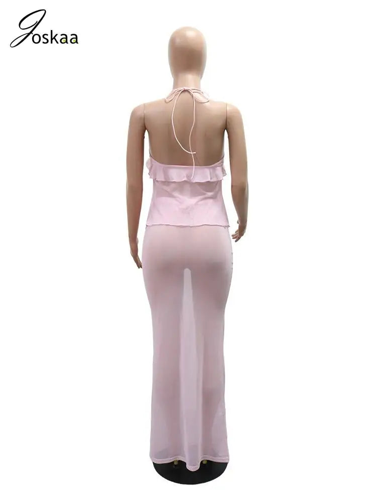 Women's Mesh Maxi Sheer Asymmetric Camisole Two Piece Set Pink – Detail View
