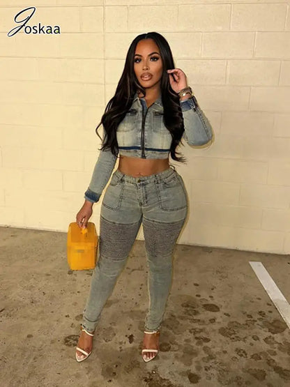 Women's Denim Long Sleeve Crop Two Piece Set Washed Blue – Side View