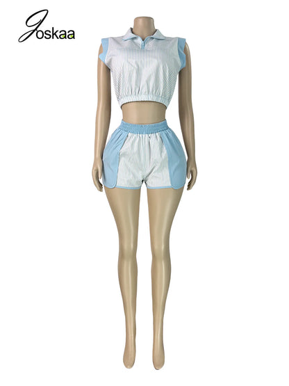 Women's Striped Zip Up Sleeveless Two Piece Set - Back View