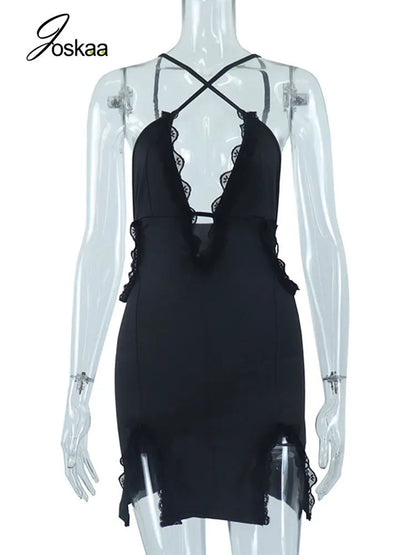 Women's Lace Backless Black Stitching Deep Mini Dress 193 – Back View
