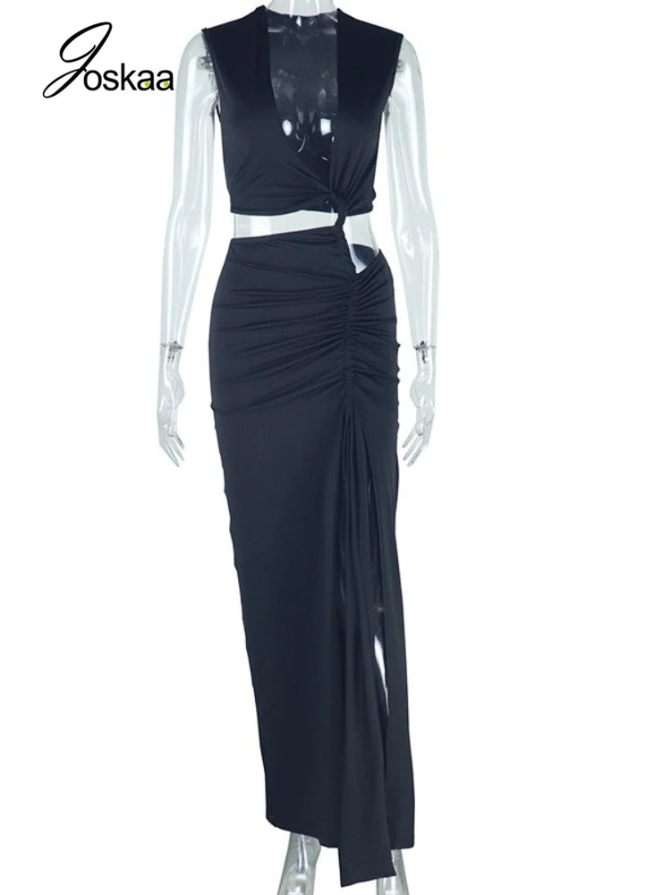 Women's Ruched Cutout Sleeveless Maxi Dress Black – Back View