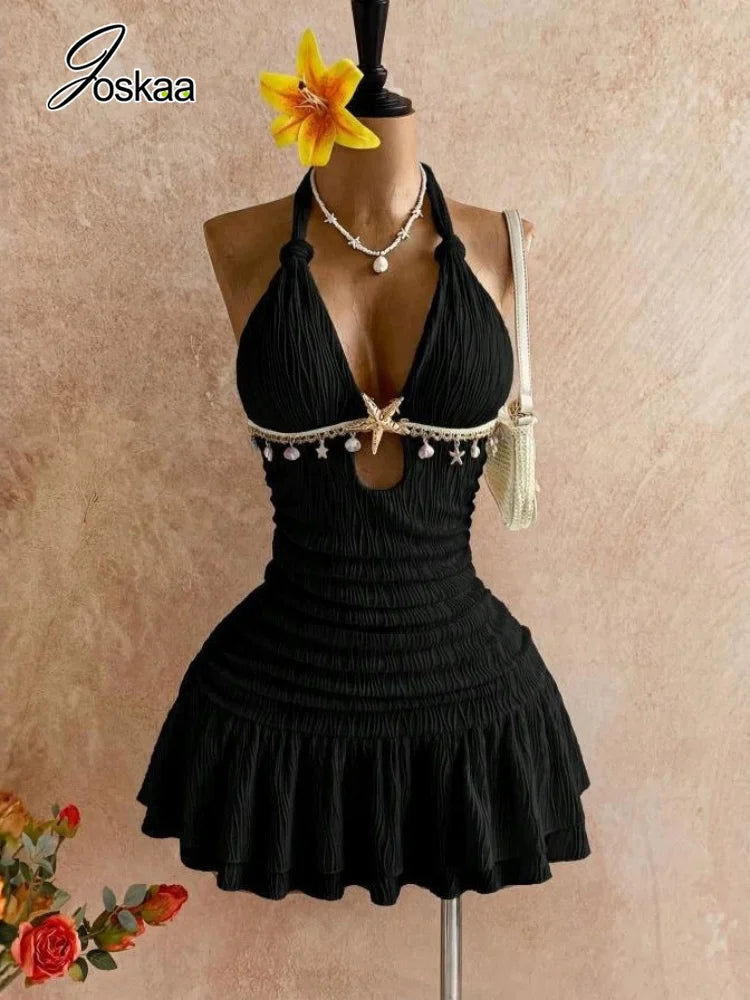 Women's Backless Halter Sleeveless Mini Dress Yellow – Side View