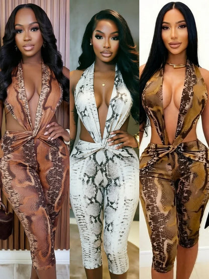 Women's Snake Print V-neck Halter Sleeveless Romper - Additional View 8
