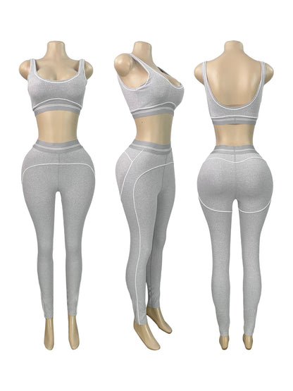 Women's Crop Color Contrast Line Two Piece Set