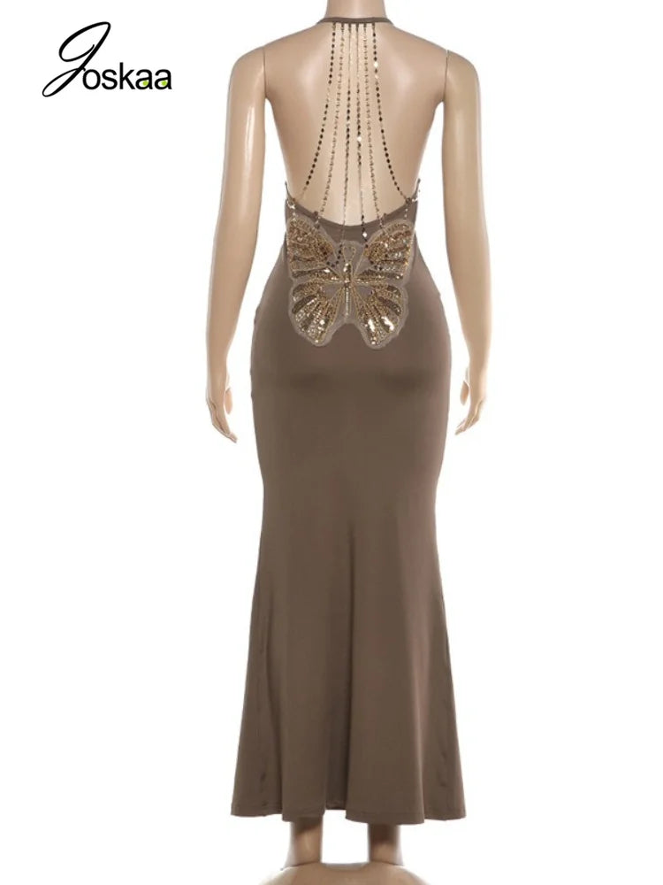 Women's Backless Sleeveless Bodycon Maxi Dress Brown – Detail View