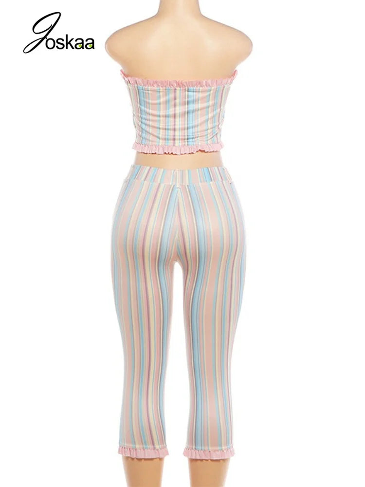 Women's Striped Strapless One Shoulder High Waist Two Piece Set - Detail View