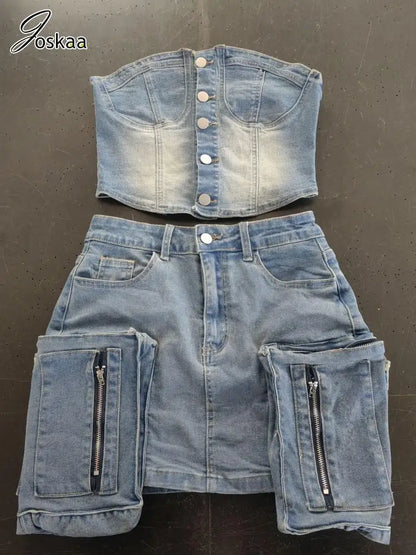 Women's Denim Strapless Mini Two Piece Set Sky Blue – Detail View