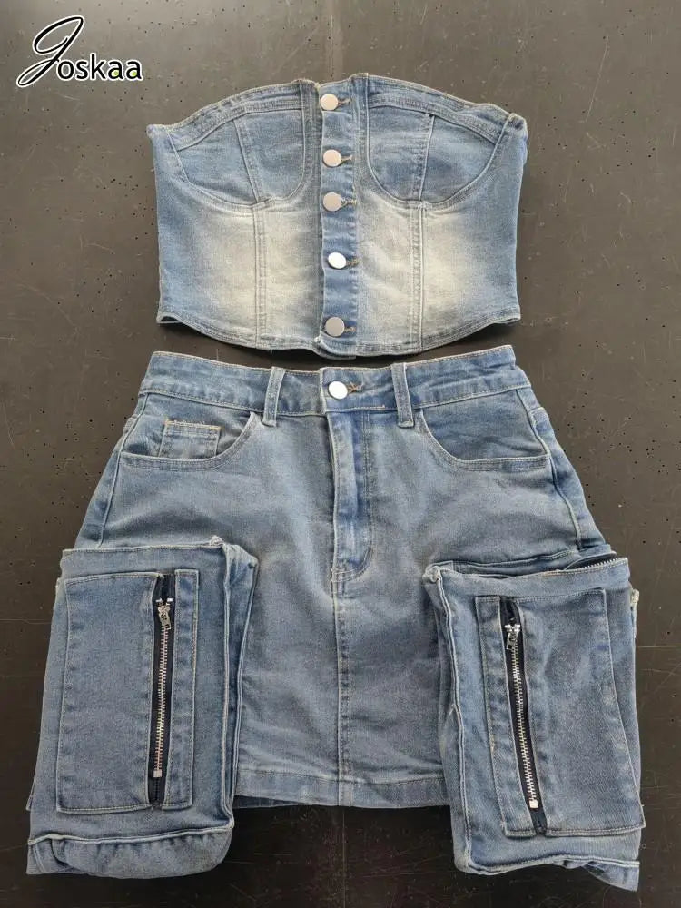 Women's Denim Strapless Mini Two Piece Set Sky Blue – Detail View
