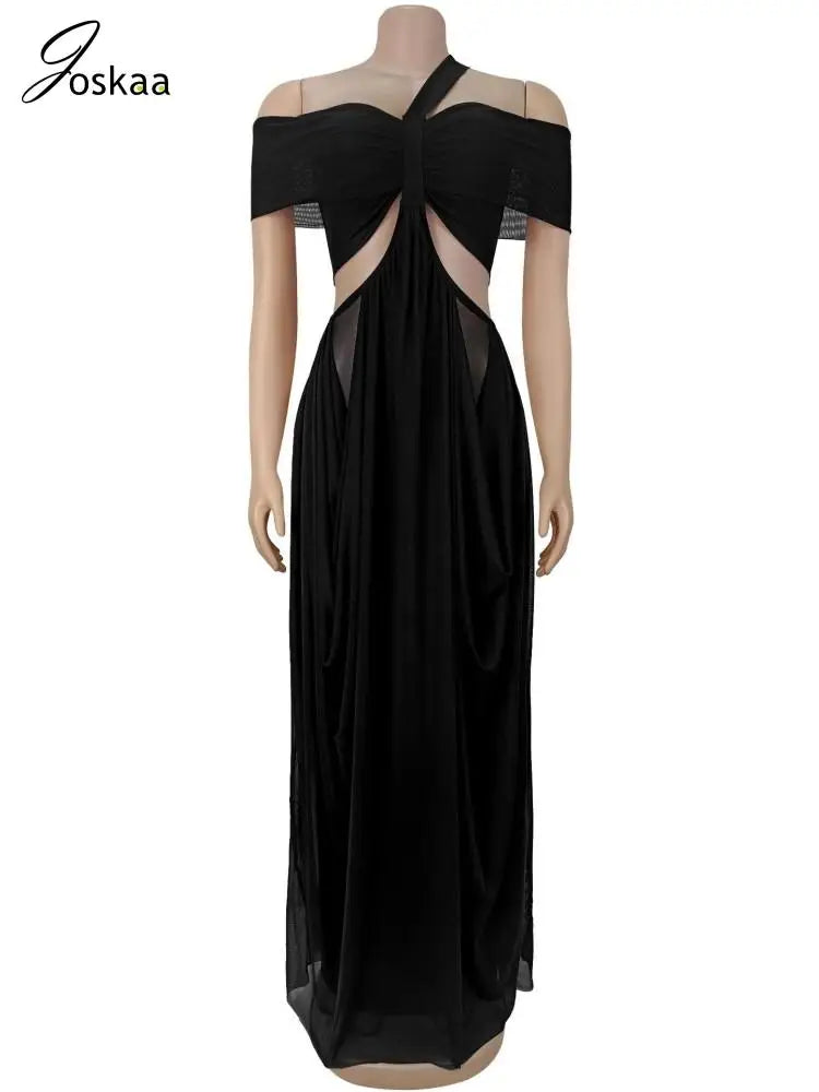 Women's Mesh Backless Cutout Strapless Maxi Dress Black – Detail View