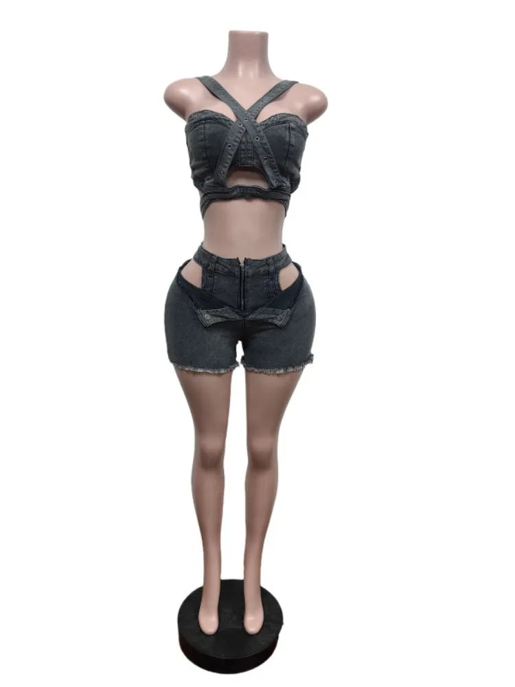 Women's Denim Cutout Stretch Irregular Tank Two Piece Set