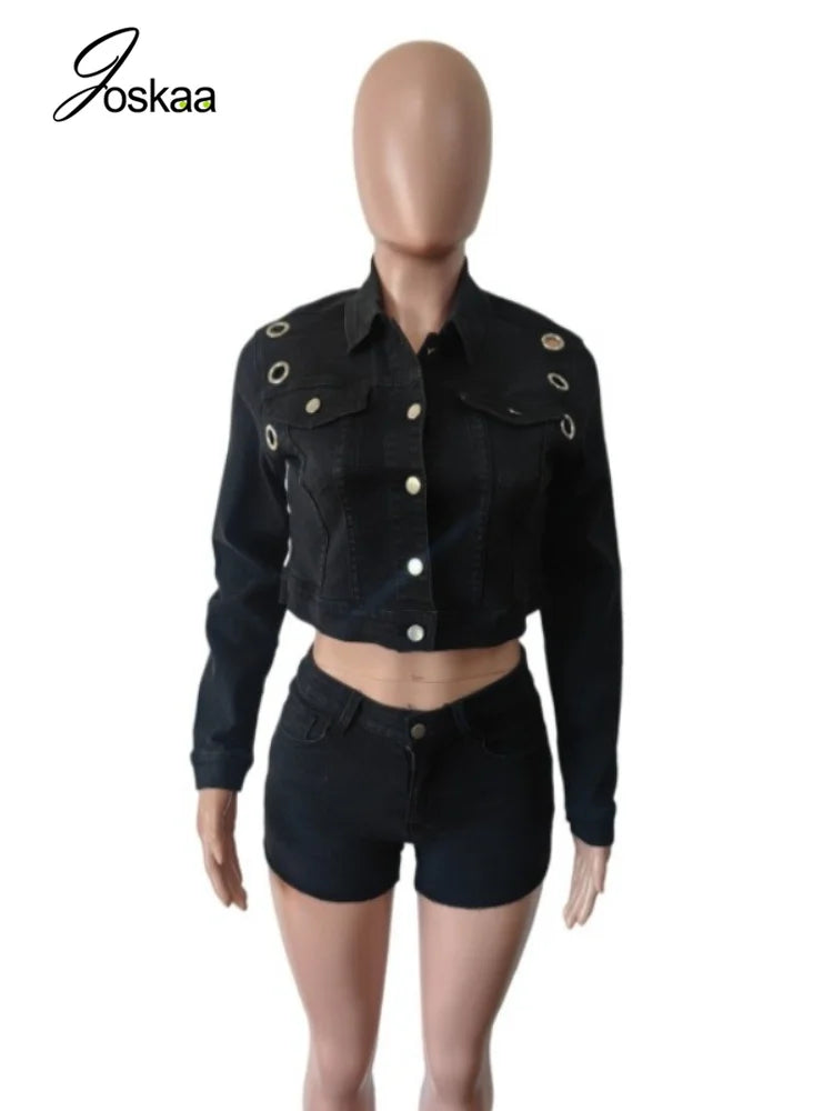 Women's Denim Print Long Sleeve Two Piece Set - Detail View