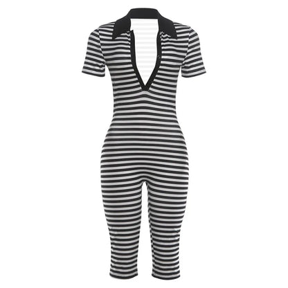 Women's Striped V-neck Bodycon Romper - Additional View 7