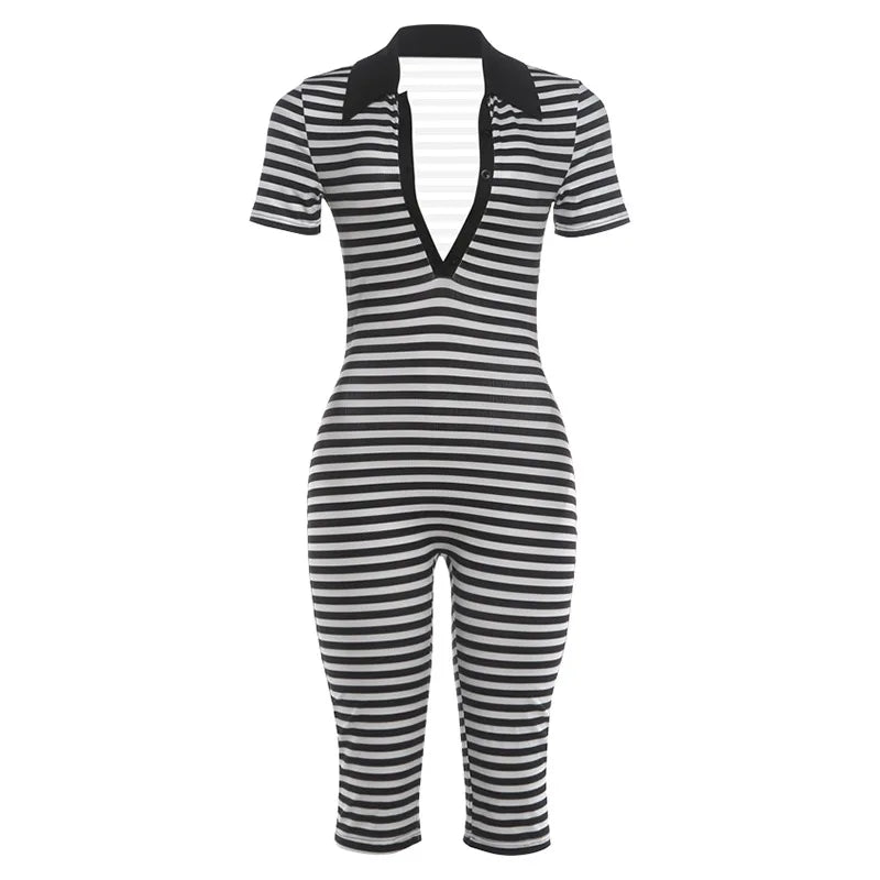 Women's Striped V-neck Bodycon Romper - Additional View 7