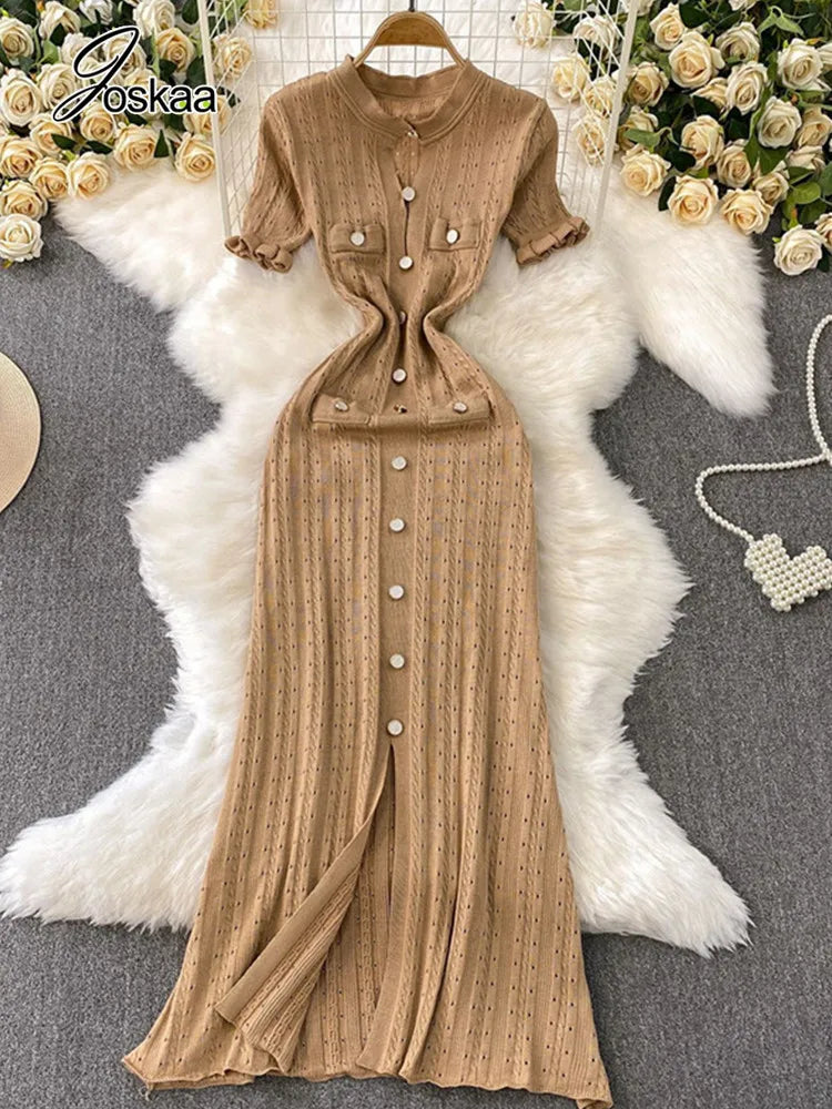 Women's Knit Short Sleeve Bodycon Maxi Dress Orange – Side View
