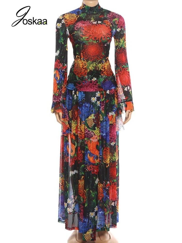 Women's Floral Print Mesh Long Sleeve Two Piece Set Colorful – Detail View