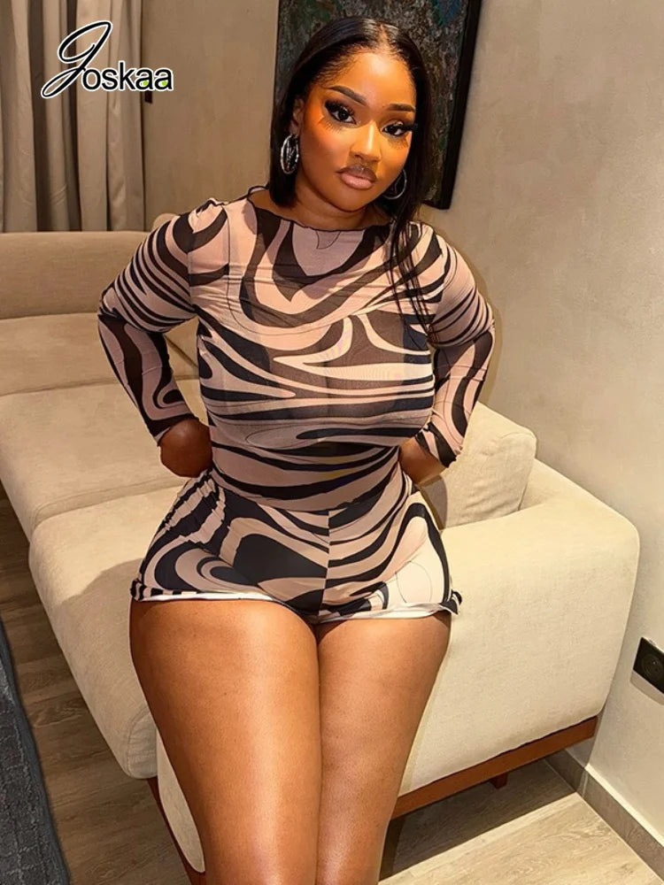 Women's Swirl Print Mesh Long Sleeve High Waist Two Piece Set - Side View