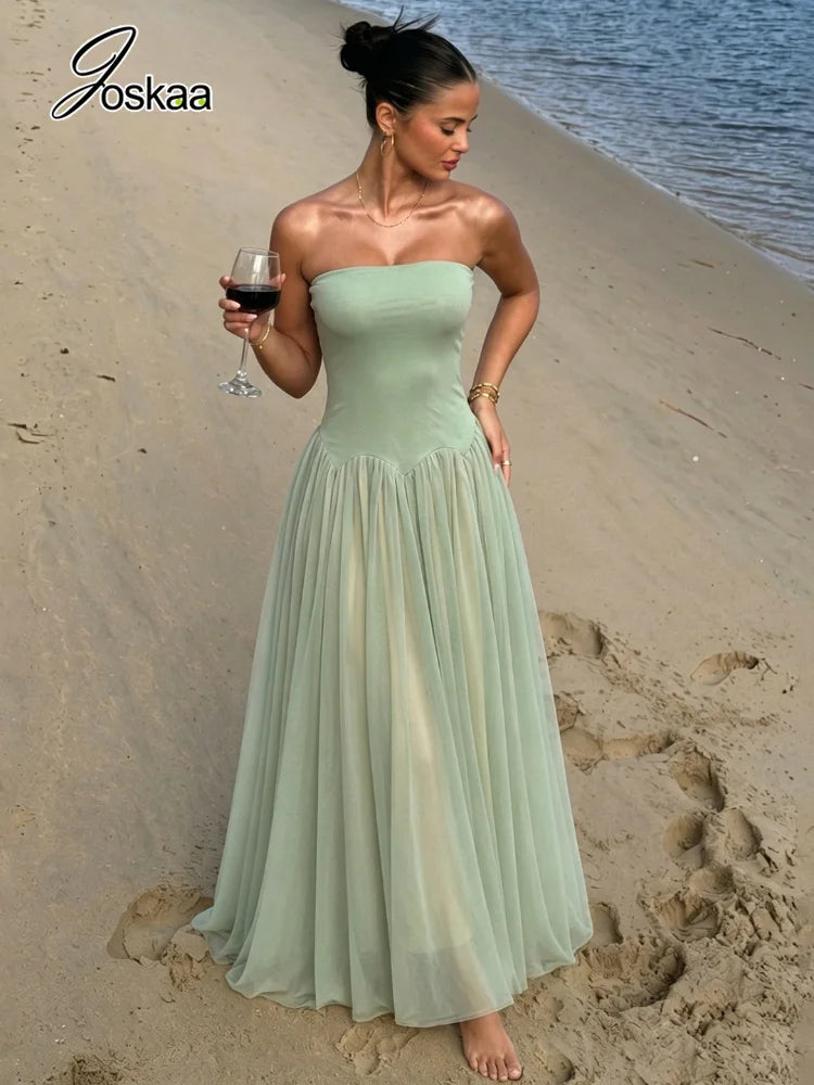 Women's Mesh Backless Strapless Maxi Dress Green – Side View