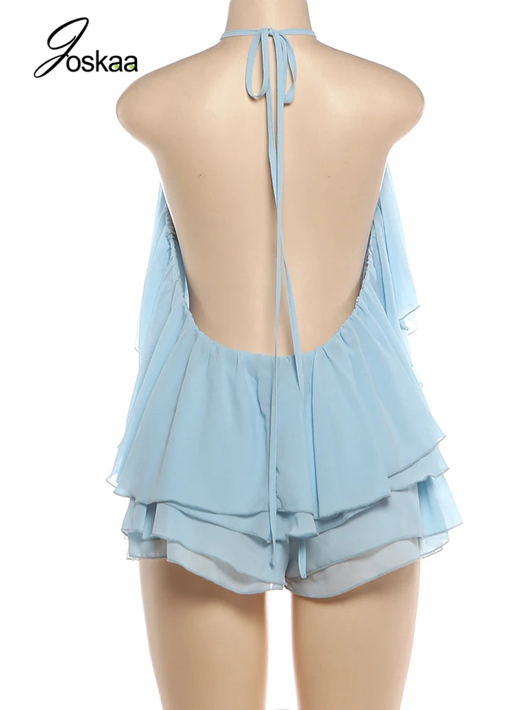 Wholesale Women's Backless Halter Two Piece Set Blue – Detail View