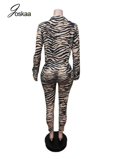 Women's Zebra Print Striped Ruched Long Sleeve Two Piece Set - Detail View