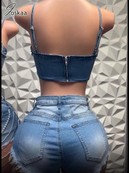 Women's Rhinestone Denim Crop Two Piece Set Blue – Detail View