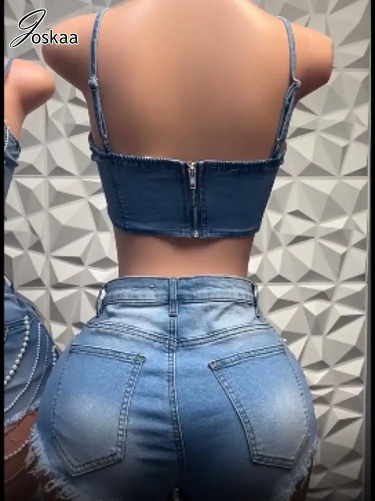 Women's Rhinestone Denim Crop Two Piece Set Blue – Detail View