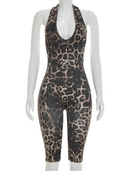 Women's Leopard Print Backless Halter Romper