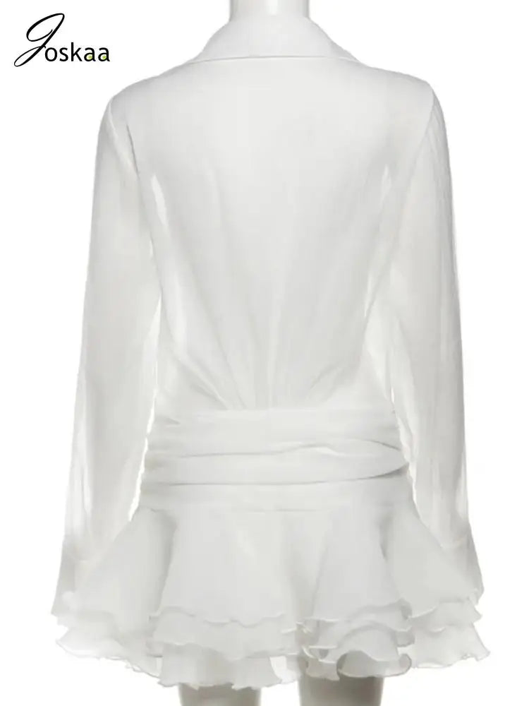 Women's Mesh Long Sleeve White Lapel Single Mini Dress White – Detail View