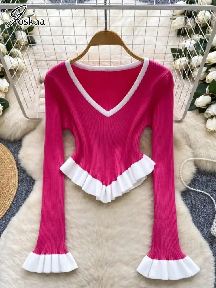 Women's Stripe Knit Ribbed Fall Striped Top Rose Red – Detail View