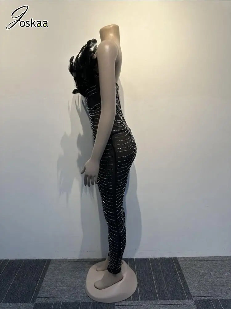 Women's Rhinestone Mesh Strapless Romper Black – Side View