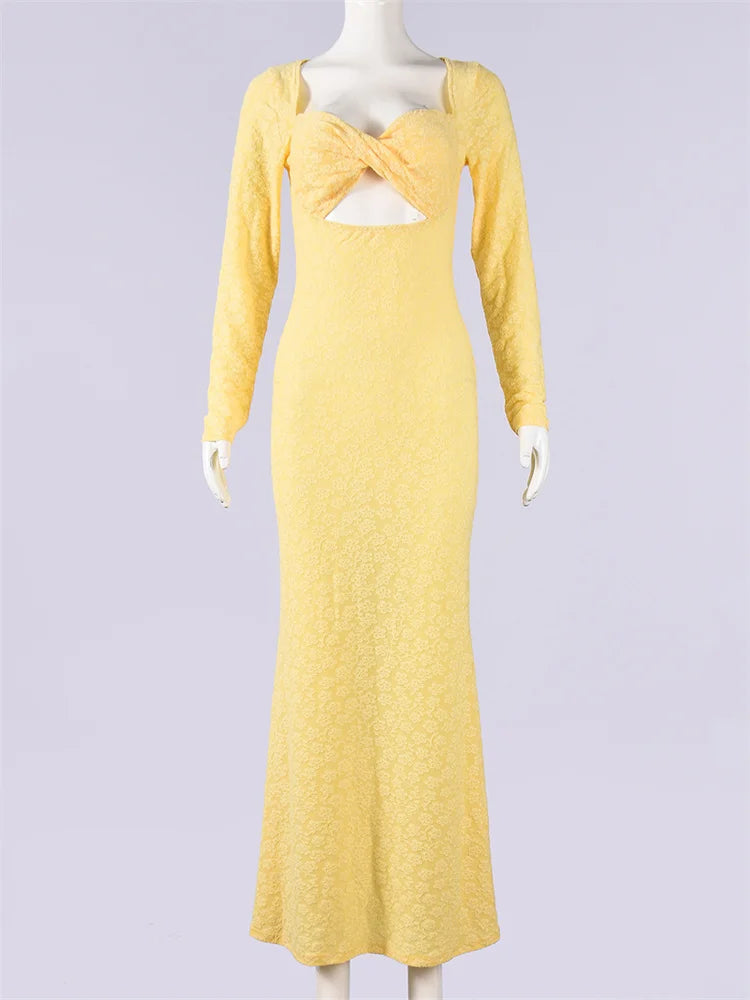Joskaa Long Sleeve Bodycon Dress Elegant Jacquard Yellow - bodycon dress image 2