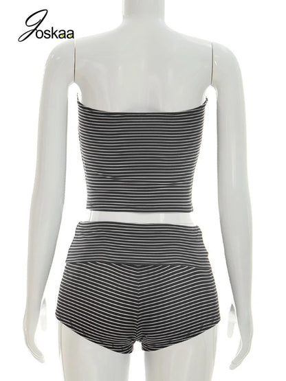 Women's Stripe Strapless Crop Two Piece Set Pink – Detail View