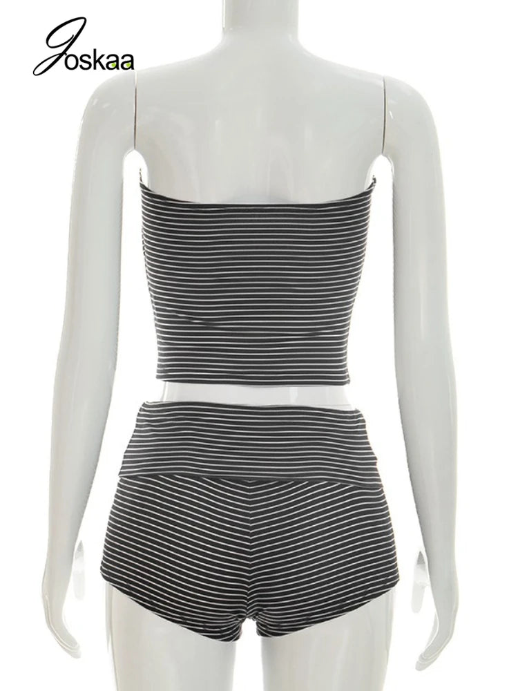 Women's Stripe Strapless Crop Two Piece Set Pink – Detail View