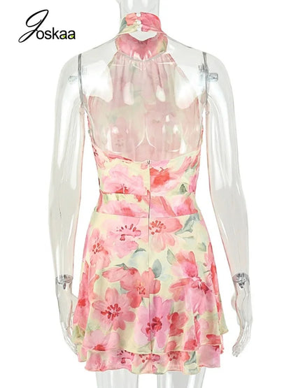Women's Floral Print Backless Halter Mini Dress Mixed – Detail View