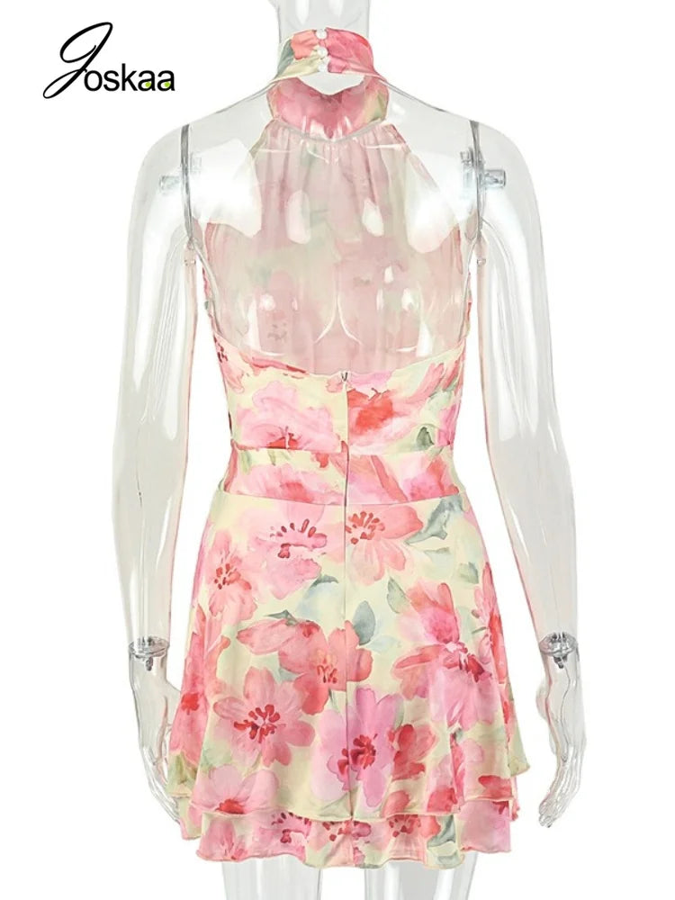 Women's Floral Print Backless Halter Mini Dress Mixed – Detail View