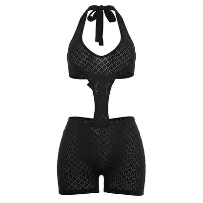 Women's Ribbed Knit Backless Cutout Halter Romper - Additional View 7