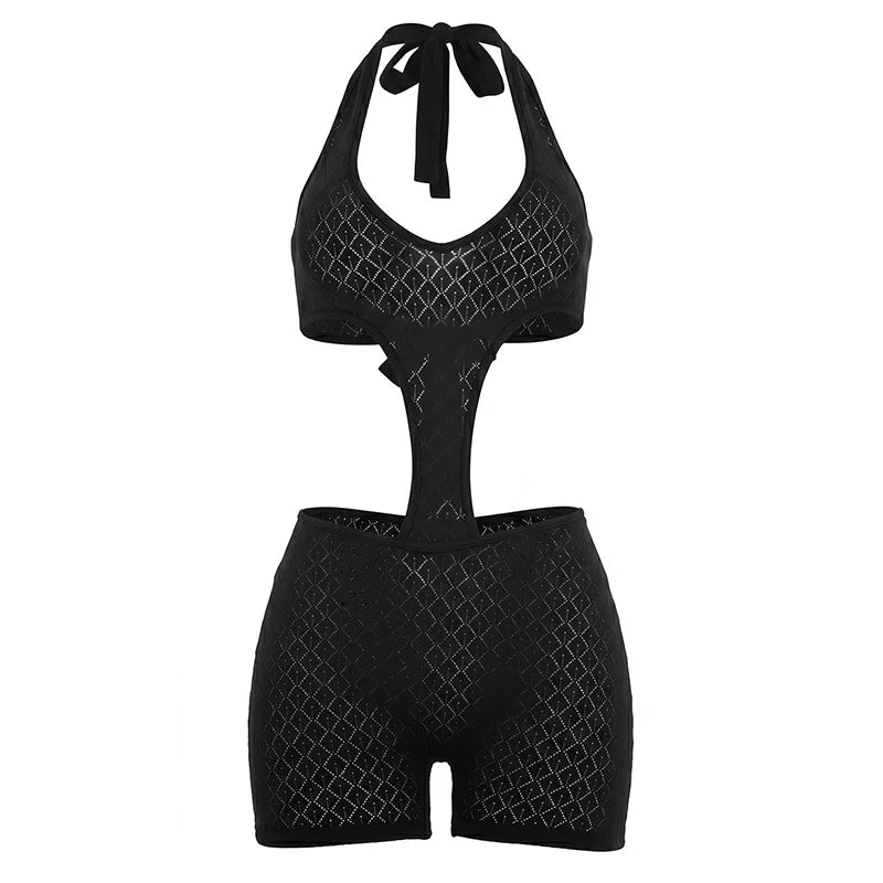 Women's Ribbed Knit Backless Cutout Halter Romper - Additional View 7