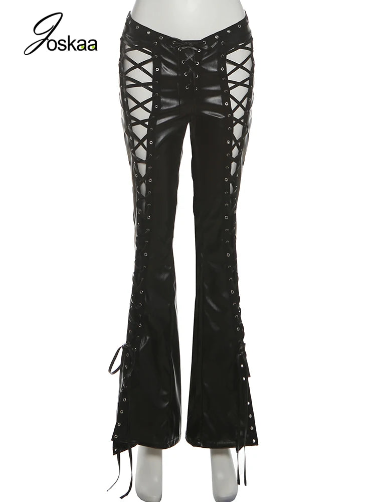 Women's Lace Faux Leather Cutout Wide Leg Pants Black – Back View