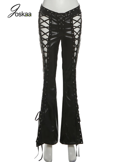 Women's Lace Faux Leather Cutout Wide Leg Pants Black – Back View