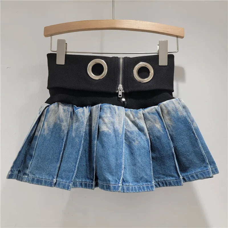 Women's Denim Knit Mini Ribbed Pleated Skirt