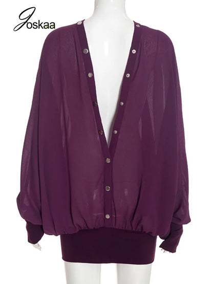 Women's Backless V-neck Long Sleeve Mini Dress - Detail View