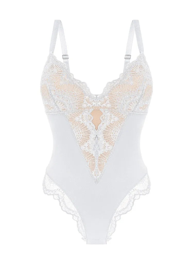 Women's Lace Patchwork Bodysuits V-neck Bodysuit