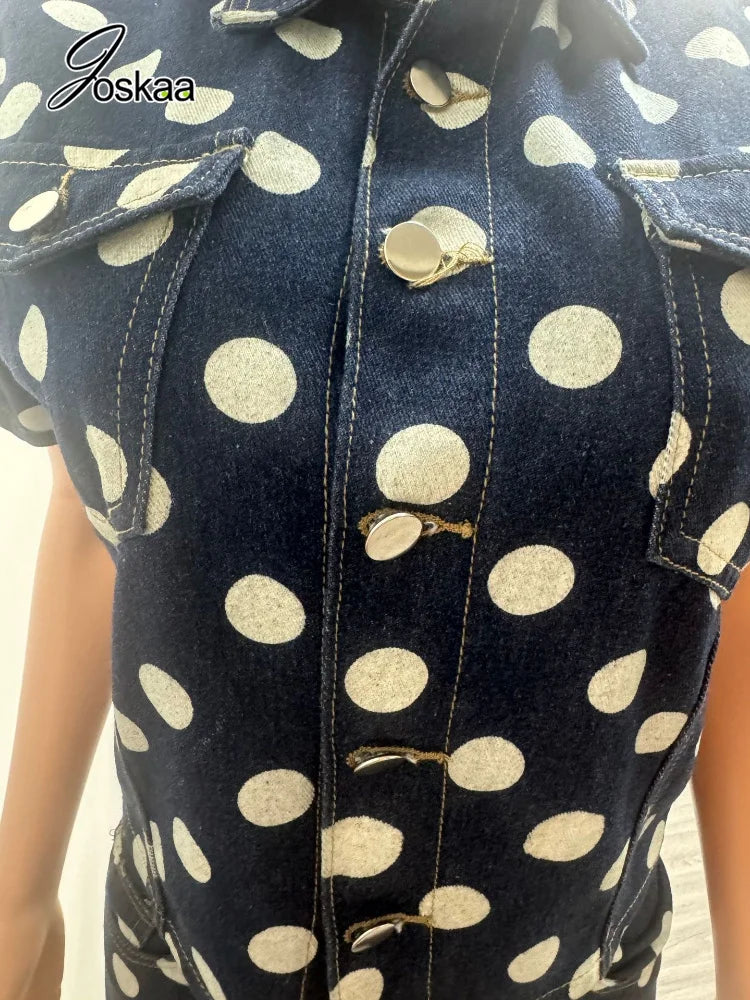 Women's Polka Dot Denim Print Two Piece Set - Model Wearing Style
