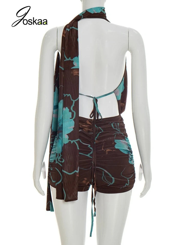 Women's Floral Print Mesh Ruched Backless Romper Brown – Detail View