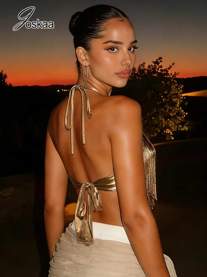 Women's Backless Halter Sleeveless Bikini Set Khaki – Side View